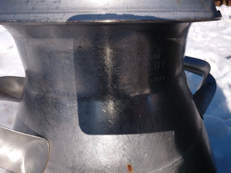 lot 92 image: Vintage Firestone Sanaloy Stainless Steel Diary 10 Gallon Milking Milk Cream Can and Green Barrel