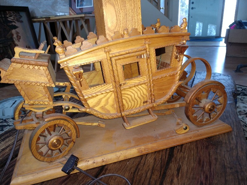 lot 115 image: Antique Wood Stage Coach Carriage Base and Lamp 
