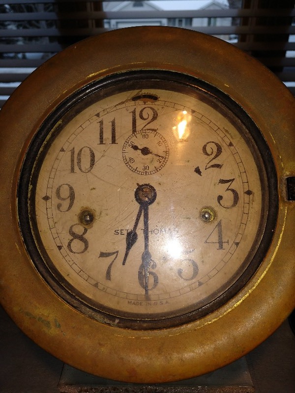 lot 124 image: Antique Seth Thomas Ships Bell Merrimac Model Clock