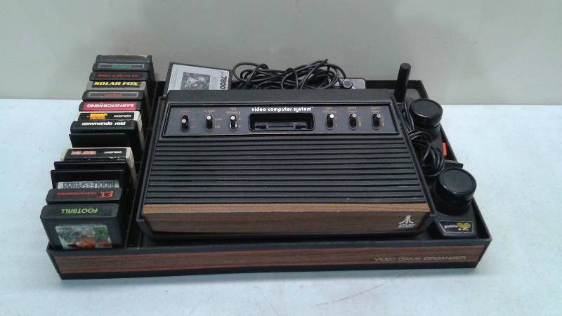 Vintage Atari Video Game Console And Game Lot, Works Good, Has Crack In Storage Case, Complete, With Power Cords And Controllers