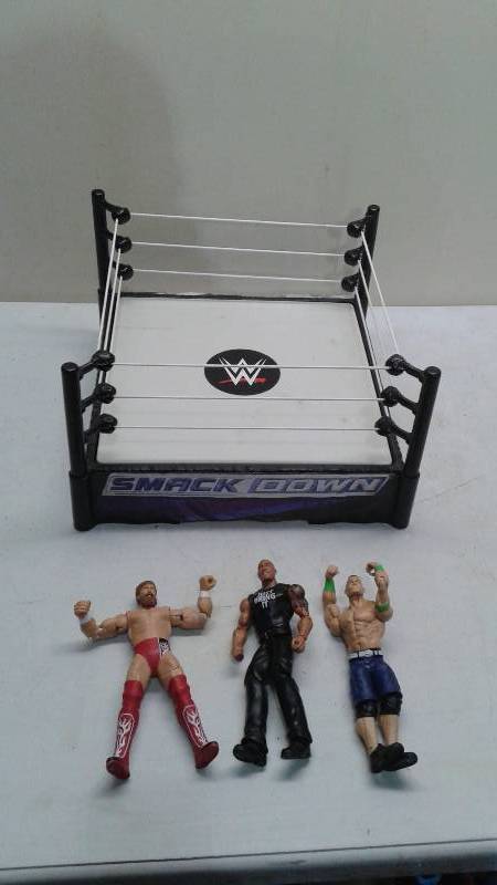 WWE Toy Wrestling Ring And Three Figures, The Rock, John Cena, Daniel Bryan, Ring Decals Show Wear