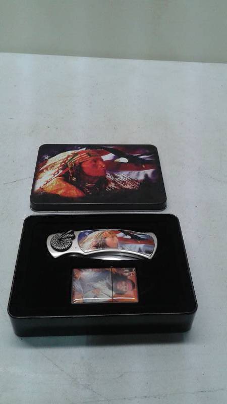 Native AmericanEagle Pocket Knife And Lighter In Case