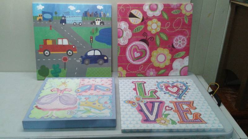 Lot Of Kids Themed Wall Art Pictures, One Has Some Cat Footprints On The Back