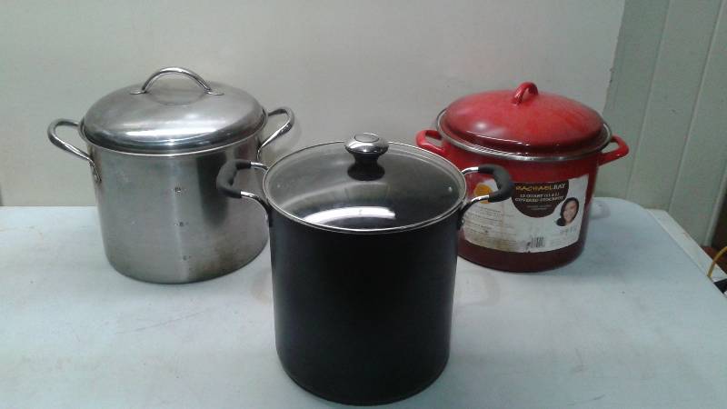 A Lot Of Three Cooking Stock Pot Pans With Lids, Used, May Show Some Minor Wear