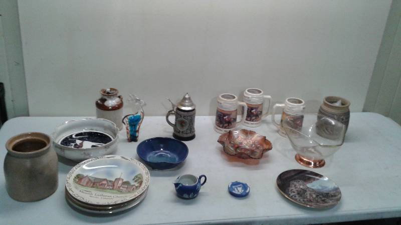Lot Of Glassware, Carnival Glass, Steins, Wedgwood, Plates, Other Items