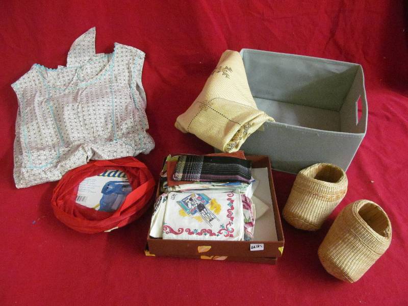 lot 74 image: vintage handkerchiefs, apron ,linen table cloth