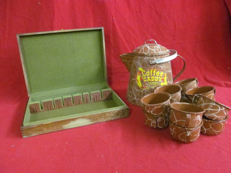 lot 160 image: silverware box, enamel porcelain coffee caddy with cups