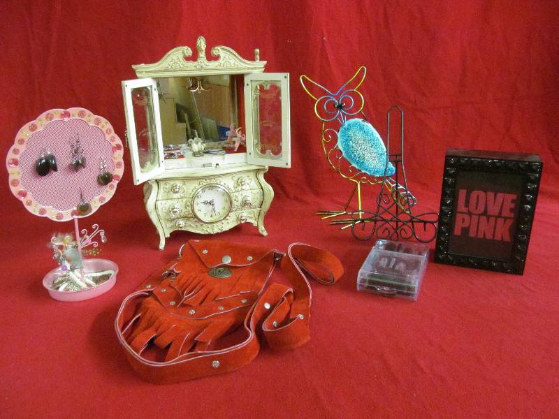 lot 161 image: musical jewelry box, Sterling silver ring, earring stand