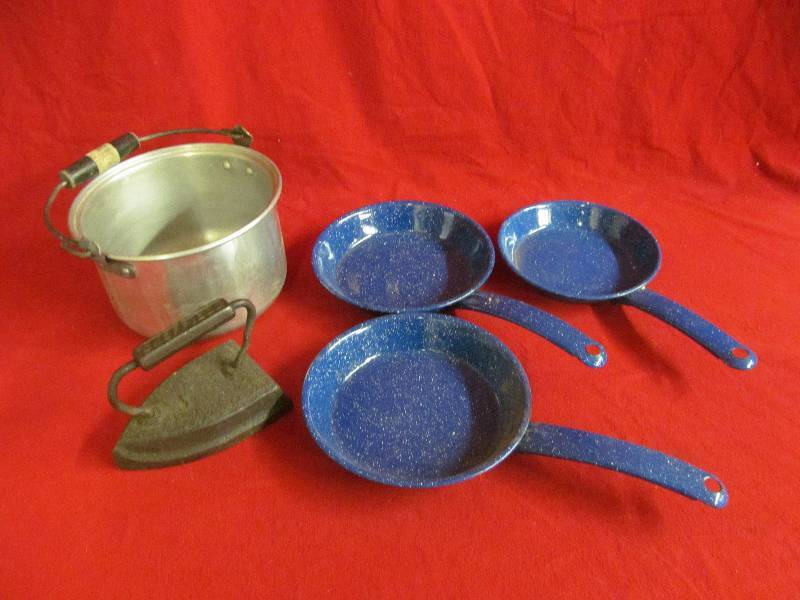 lot 169 image: sad iron ,fry pans , kettle