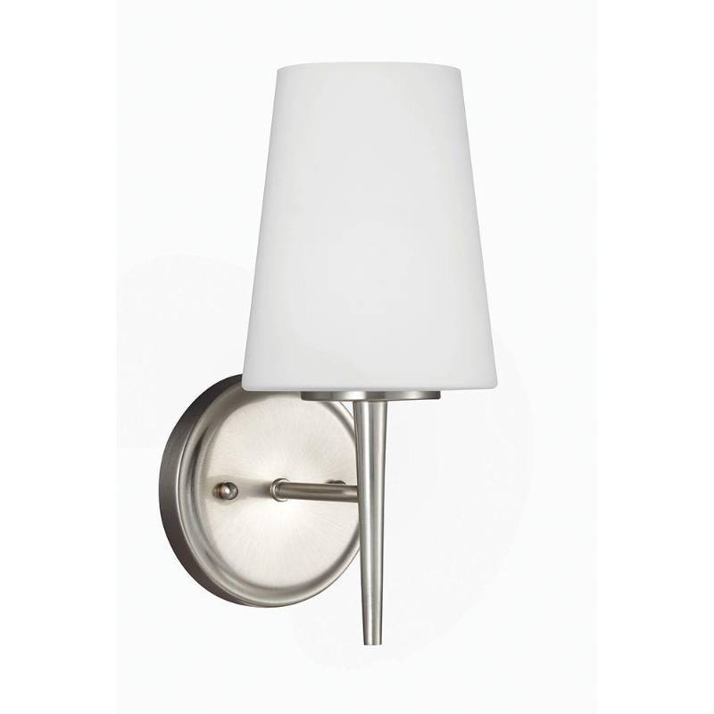 lot 29 image: Sea Gull Lighting Driscoll 1-Light Brushed Nickel WallBath Sconce with Inside White Painted Etched Glass