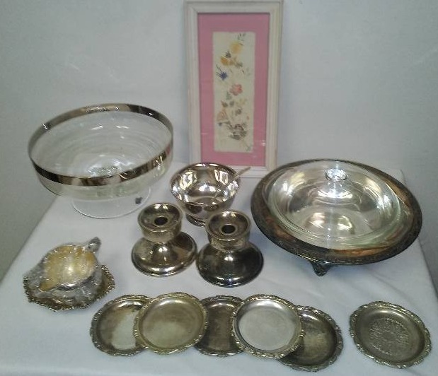 lot 34 image: Silver plated Serving Pieces, Pyrex with cover, silver rimmed bowl and more