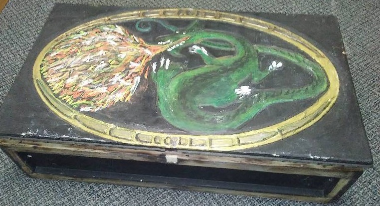 lot 149 image: Handmade, Wood Dragon box with many CDs and DVDs