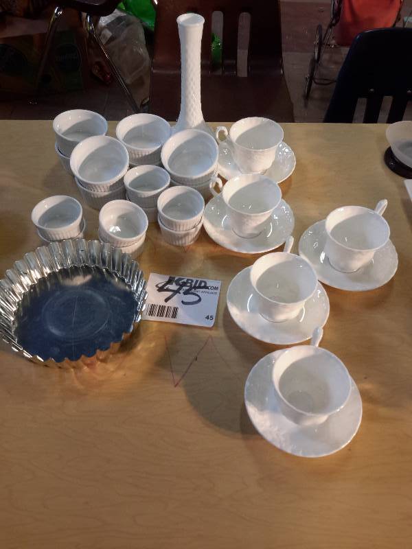 Bone China Cups, purchased in England  Milk Glass Vase 9 in h Quiche Tart Pan with removable bottom  8 in x 2in  8 Porcelain 2 oz Ramekins 8 porcelain 4 oz ramekins