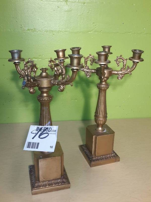 Gold fancy candelabras are 11 in wide x 19 h