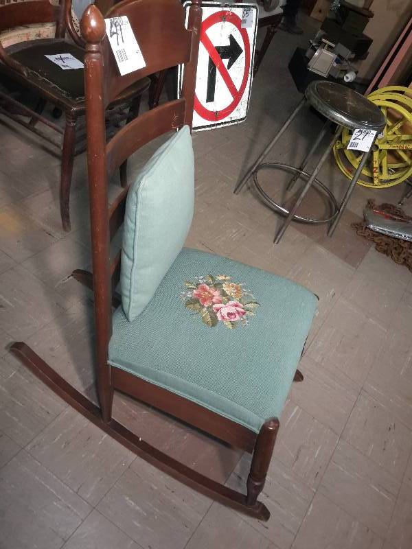 Needlepoint rocking chair with pillow 32 in deep x 21 wide x 39 h 18 seat height