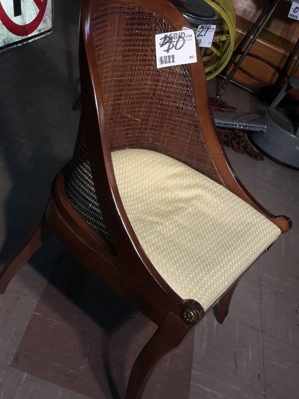 Vintage wood chair with leather seat 22 in deep x 19 wide x 39 h 18.5 seat height   Vintage scooparch chair with yellow seat 25 in deep x 22 wide x 31 h 16 seat height