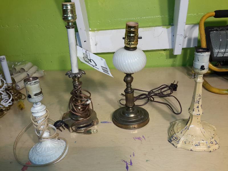 8. Vintage accent lamps, two are die-cast (cream and yellow ones) range from 8 - 13 in h. The yellow one has no plug, the other three work, though the cream die-cast one should be rewired.
