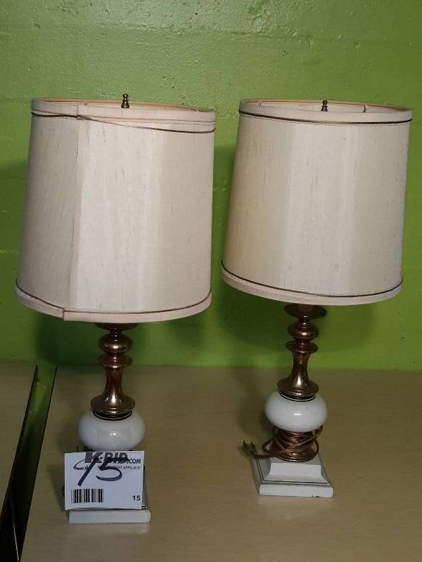 Twin vintage cream and tan table lamps 9.5 in diam. x 23 h