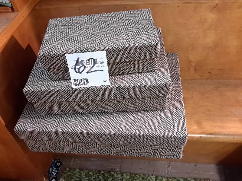 Set of three plaid fabric-covered boxes largest is 21 in x 16 x 6 h