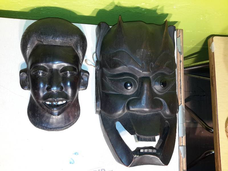 Large carved wood (and ivory) African mask 13 in x 9 x 4�, Small Wood African mask.. 11in x 7 in x 3in