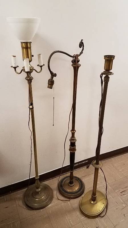 1. Antique wooden bridge lamp with curly brass 10 in x 16 x 55 in h, rewired a year ago.. 1 Brass, 52in x 11in  Globe lamp needs the smaller lights rewired..  59 in x 11in