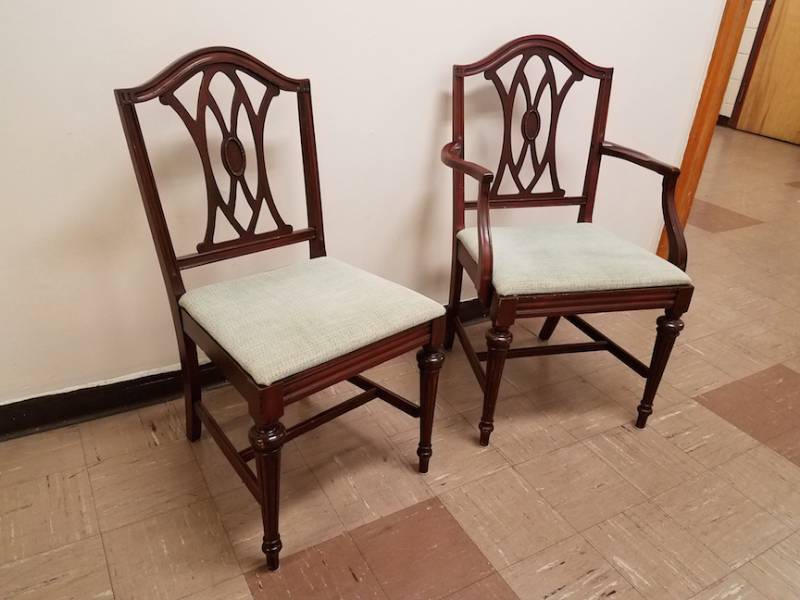 Pair of wooden vintage dining chairs regular is 21 in deep x 19 wide x 36 h 18 seat height captains chair is 22 in deep x 22.5 wide x 37.5 h 18.5 seat height