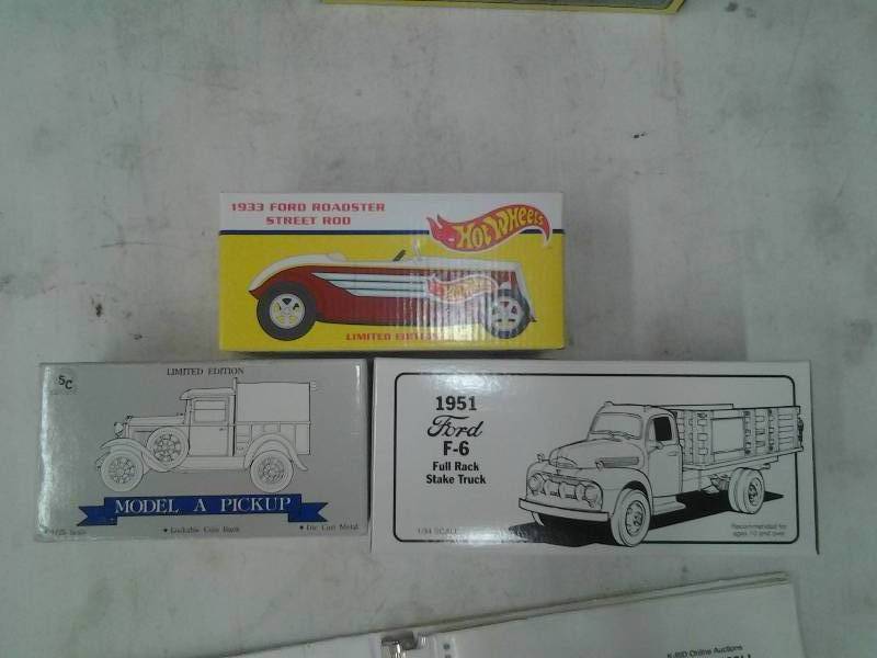 3-Trucks Liberty Ford Model A 125 Bank, Hot Wheels-1933 Ford Roadster, First Gear-1951 Ford F-6 Stake Truck
