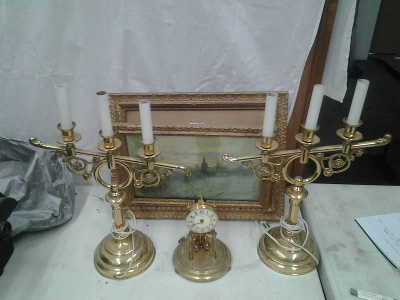 Vintage Magazine Rack Picture Frame (14x20), Pair Of Candelabra Lamps (15), Anniversary Clock Part