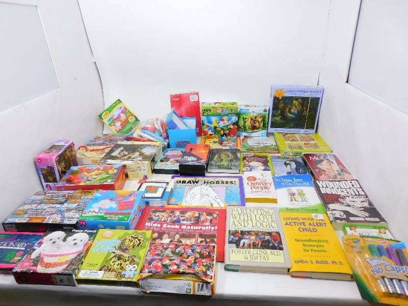 Books, Puzzles, Markers, Crayons, Paper