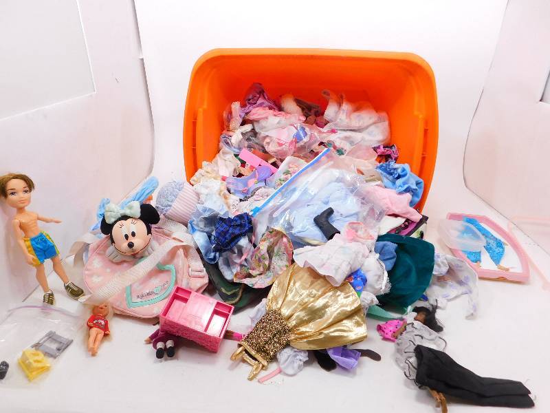 Large Tote of Doll Cloths and Dolls