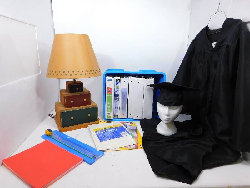 Wooden Lamp, 3 Ring Binders, Graduation Cap and Gown
