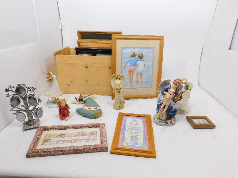 Angel Figurines , Framed Pictures and a Box of Frames