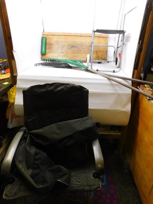Fold Up Chair, Vintage K-Mart Creeper, 2 Rakes