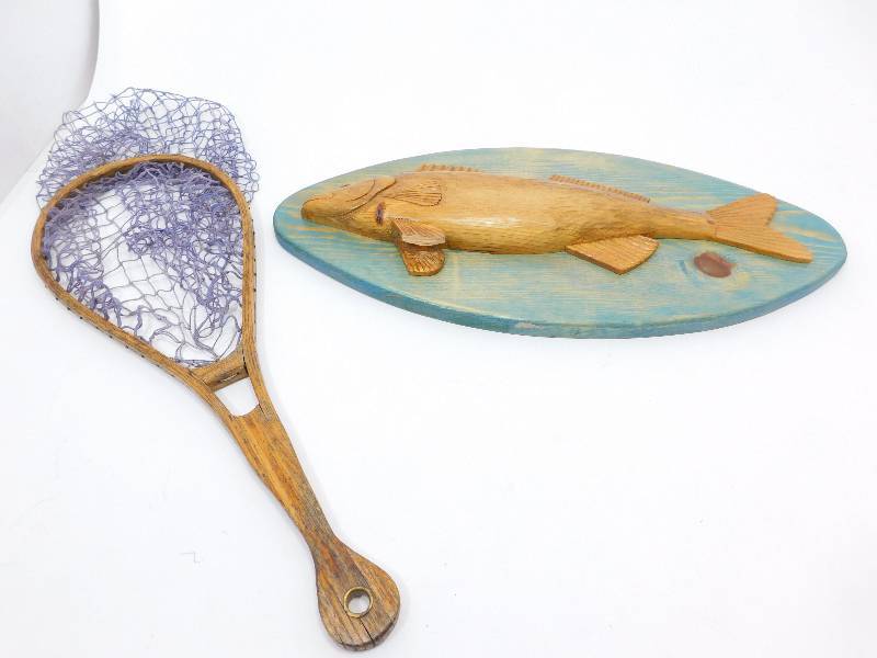 lot 26 image: Hand Made Fishing Net and Hand Carved Fish