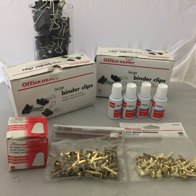 lot 63 image: Rubber Fingers, Brass Fasteners, Correction Fluid, Binder Clips