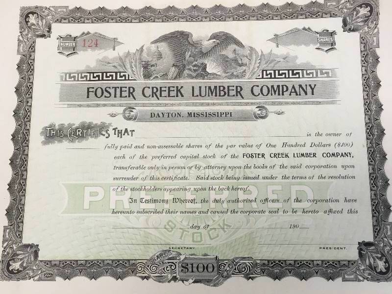 lot 12 image: Three $100 Stock Certificates - Foster Creek Lumber Co