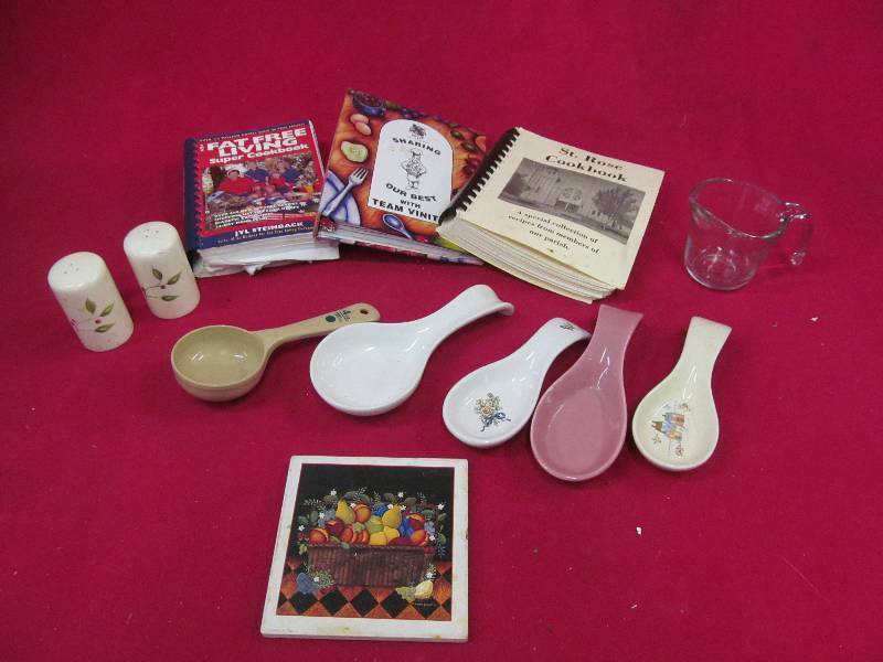 lot 59 image: cookbooks, spoon rests, trivet