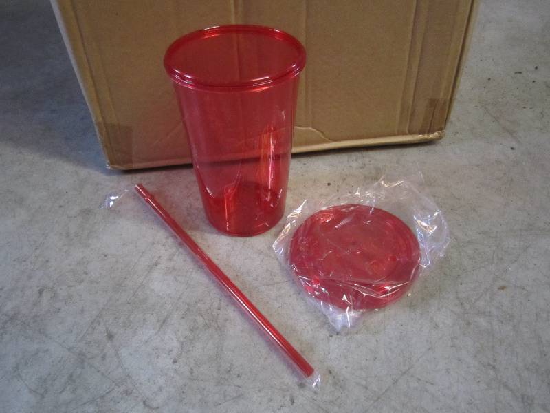 lot 281 image: Case of 54 Red Plastic Tumblers wit...