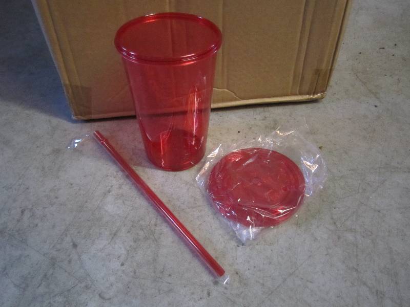 lot 282 image: Case of 54 Red Plastic Tumblers wit...