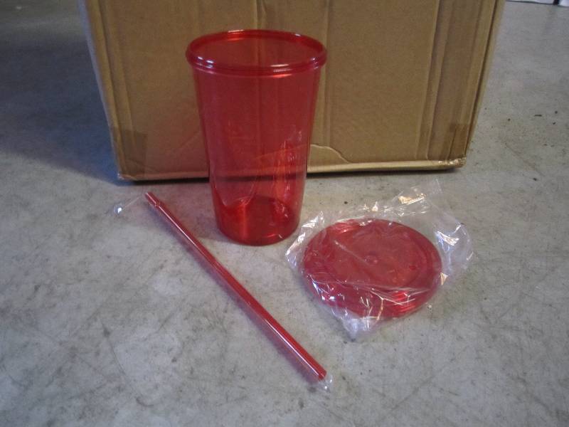 lot 283 image: Case of 54 Red Plastic Tumblers wit...