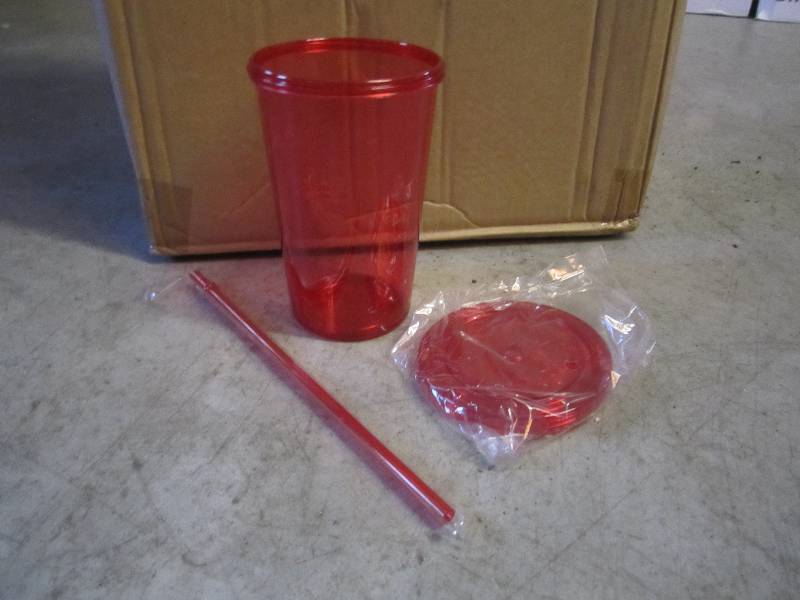 lot 284 image: Case of 54 Red Plastic Tumblers wit...