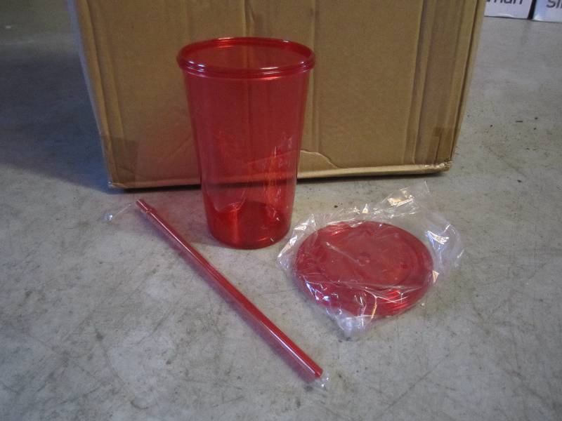 lot 285 image: Case of 54 Red Plastic Tumblers wit...