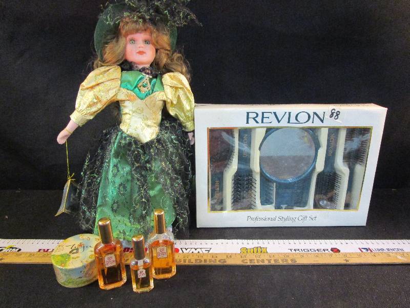 Beauty Items Stetson Perfumes, Brush and Comb Set and Porcelein Doll