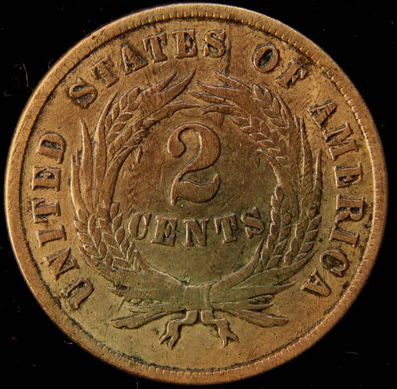 lot 33 image: 1864 US TWO CENT PIECE XF (looks much better in hand)