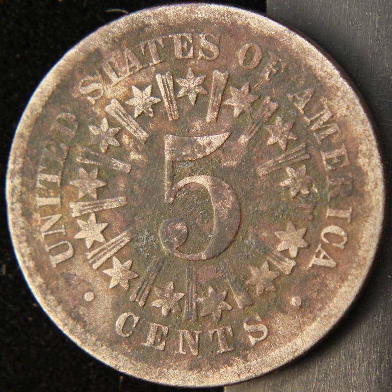 lot 34 image: 1866 US SHIELD NICKEL GOOD DETAILS CORROSION