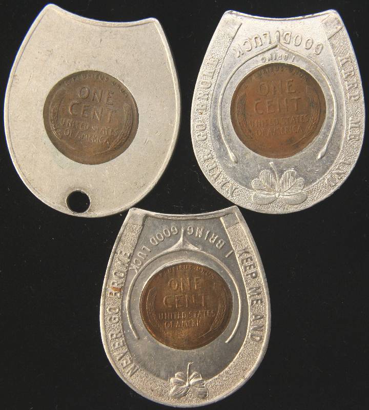 lot 47 image: GROUP OF 3 VINTAGE GOOD LUCK ENCASED WHEAT CENTS