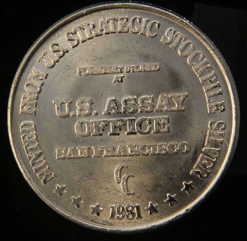 lot 53 image: PRE AMERICAN SILVER EAGLE 1 TROY OZ. .999 FINE SILVER ROUND MINTED FROM STRATEGIC STOCKPILE OF SILVER STORED AT US ASSAY OFFICE SAN FRANCISCO 1981