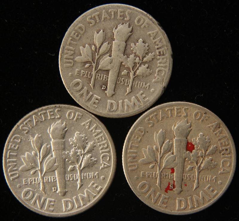 lot 60 image: 3 SILVER DIMES 1948-D, 1949-D, 1951-S