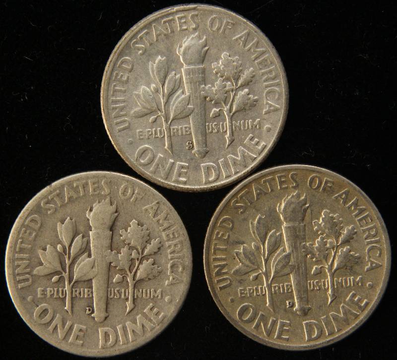 lot 65 image: 3 SILVER DIMES 1946-D, 1952-D, 1955-S