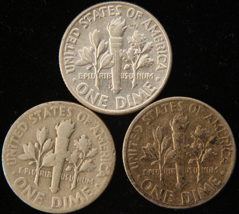 lot 76 image: 3 SILVER DIMES 1946-D, 1949, 1955